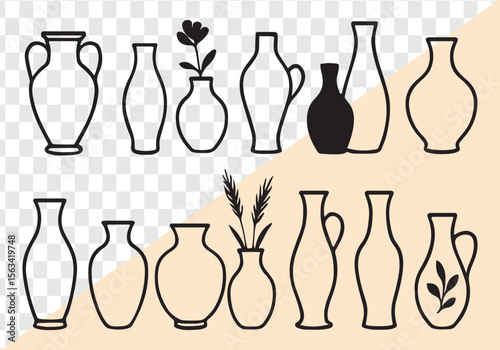 Various vases and floral arrangements in outline and silhouette pottery ceramic