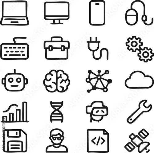 Technology and Innovation Icons Computer Brain AI Data Development Gadgets Devices Network Cloud


