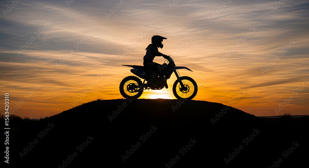 Obraz premium Silhouette of a motocross rider on a dirt bike atop a hill against a vibrant sunset sky.