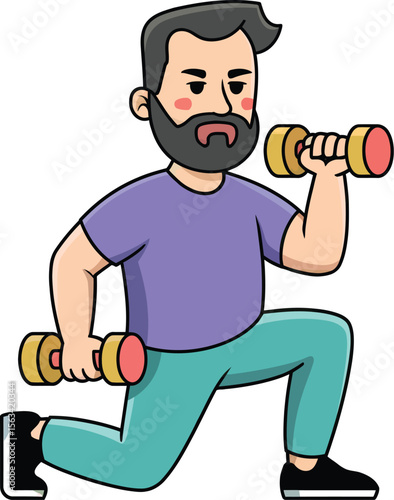 Vector illustration of a bearded cartoon man working out with dumbbells.