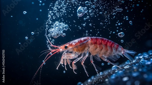 Wallpaper Mural A stunning, hyperrealistic macro photograph capturing a vibrant red and orange krill, intricately detailed, surrounded by a flurry of air bubbles against a dark, deep blue underwater background. Torontodigital.ca