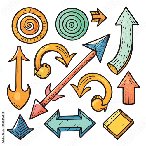 Collection of Hand Drawn Arrows and Spiral Targets in Orange Teal Yellow and Blue Watercolor Style watercolor arrows