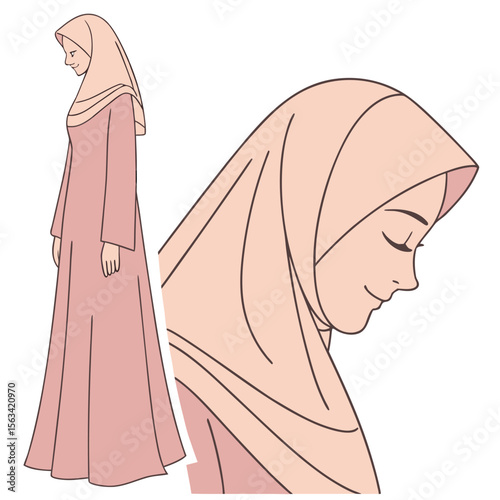 pastel hijabi woman peach khimar flat vector
