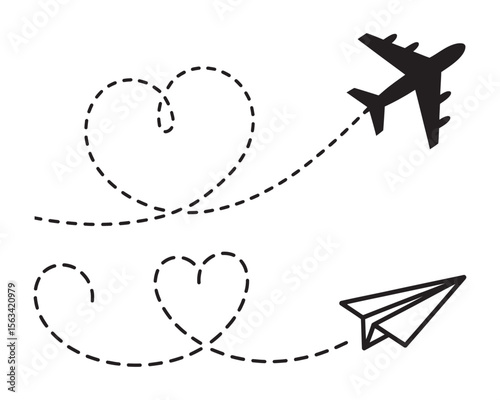 Airplane and Paper Plane Heart Flight Route Illustrations, vector illustration