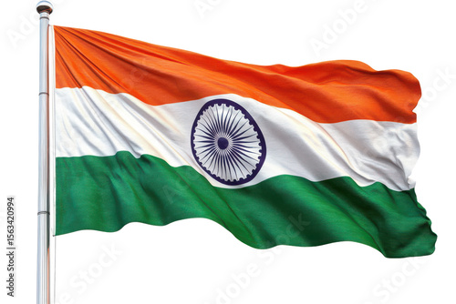 Indian flag waving proudly on flagpole national symbol saffron white green Ashoka Chakra isolated on a transparent background