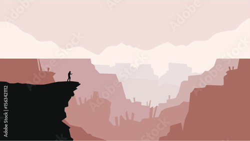A solitary figure stands on a dark cliff overlooking a vast red canyon landscape under a pale sky