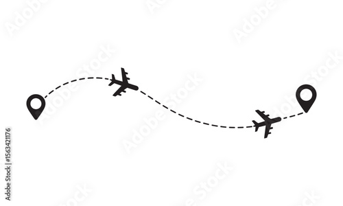 Airplane Flight Route with Location Pins and Dotted Path, vector illustration
