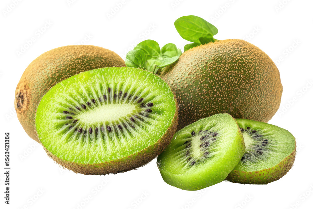 Fototapeta premium Juicy Kiwi Fruit Slices and Whole Kiwis with Green Leaves isolated on a transparent background