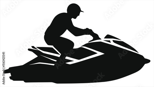 A silhouette of a person riding a jetski on the water, isolated on white background