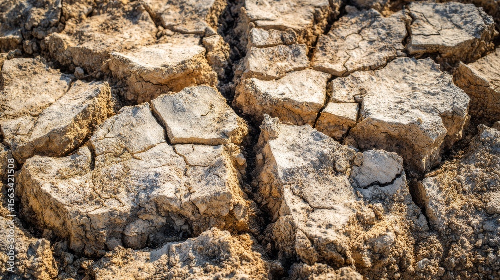 Fototapeta premium Dry cracked earth texture with deep fissures showing geological layers, drought and climate change concept, arid landscape and global warming effects.