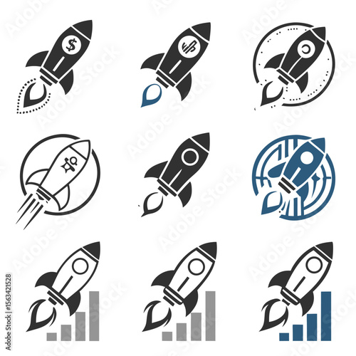 Stylized rocket launching into space silhouette isolated on white background