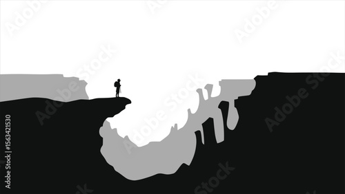 A lone hiker stands on a cliff overlooking a vast canyon landscape at sunset, a minimalist monochrome illustration