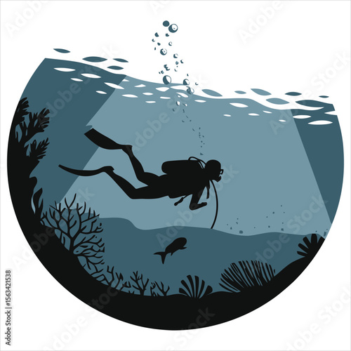 A scuba diver explores a vibrant coral reef underwater, silhouetted against sunlight rays penetrating the dark blue depths