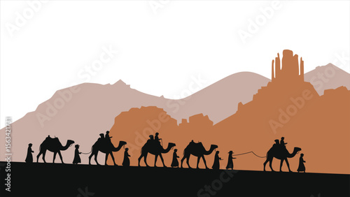 A silhouette of a camel caravan with people traveling through a desert landscape with mountains and a distant city