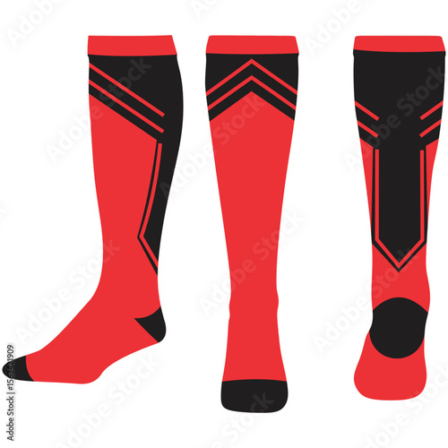 Red and Black Knee High Socks with Geometric Pattern for Athletic Wear