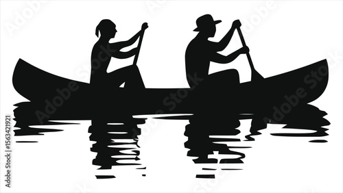 Two people paddle a canoe on calm water, their silhouettes reflected in the still surface