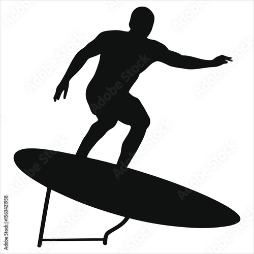 A silhouette of a man foilboarding, gracefully riding a hydrofoil surfboard isolated on white background, showcasing balance and skill
