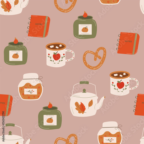 A cozy pattern with a notebook, candles, a kettle, a mug. Objects, food, drink
