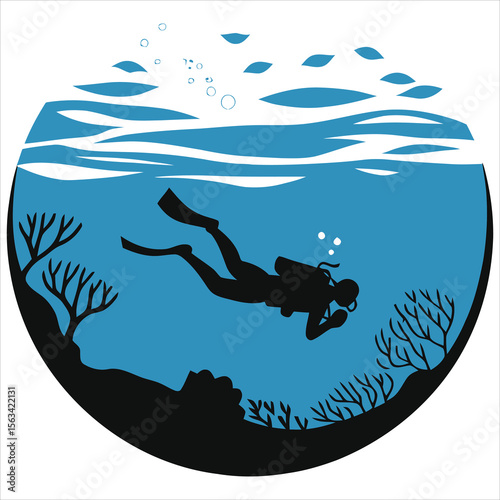 A scuba diver explores a vibrant coral reef beneath the oceans surface in a serene underwater scene