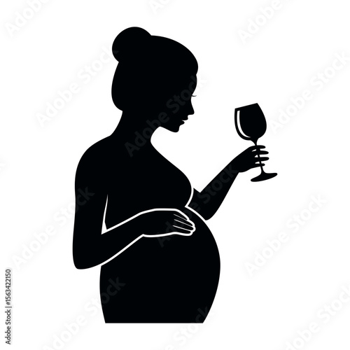 Pregnant woman holding a glass of wine silhouette vector illustration. Black silhouette of pregnant woman with glass of wine icon isolated on a white background