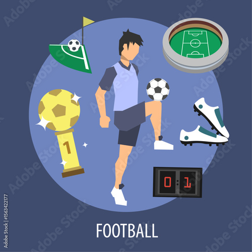 Football Icon Illustration: An illustration capturing the essence of football, featuring elements like a player, ball, stadium, corner kick, trophy, shoes, and scoreboard.