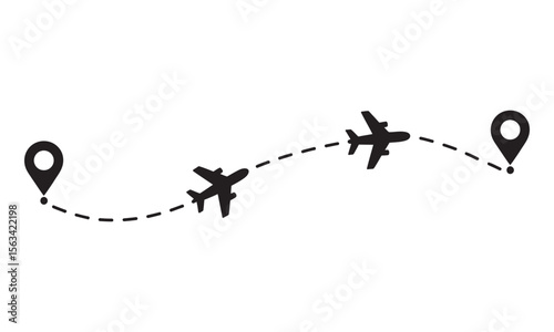 Airplane Flight Route with Location Pins and Dotted Path, vector illustration