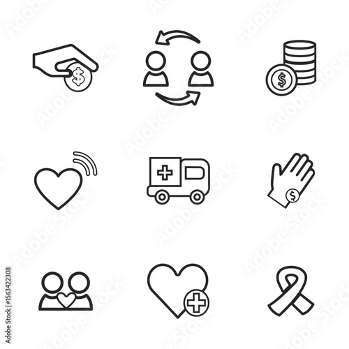 Philanthropy Icons: A collection of line art icons representing charity, donation, and social support, designed to symbolize various aspects of giving back and community welfare.