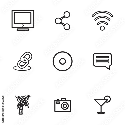 Minimalist Icons Collection: A series of nine sleek, black and white minimalist icons represent technology, communication, and leisure, offering a modern and versatile design for diverse applications.