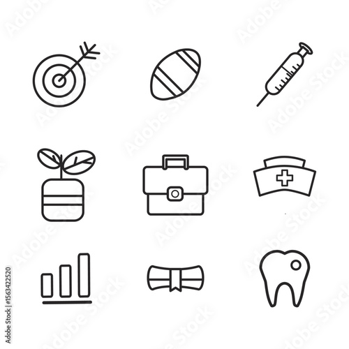 Essential Icons Collection: A compilation of minimalistic vector icons, thoughtfully curated to represent various aspects of life. Perfect for use in design projects.