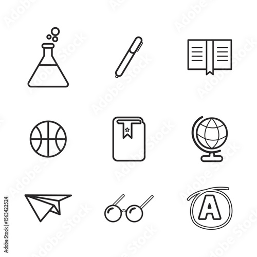 Education Icons: A collection of minimalist black line art icons related to education. Illustrating essentials like a beaker, pen, book, basketball, world globe and more.