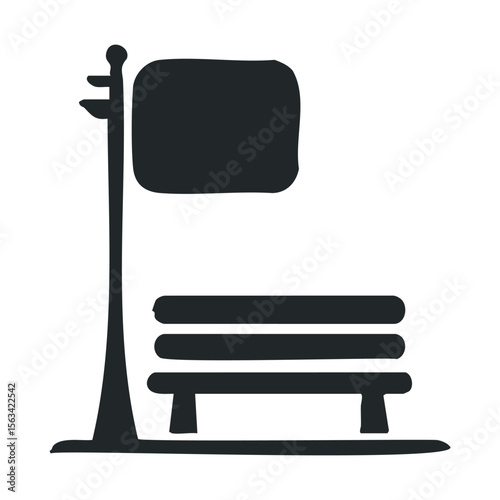 Vector silhouette of a bus stop sign and bench