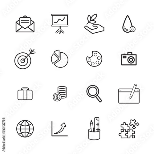 Essential Icon Collection: A visually compelling set of simple, outlined icons, encompassing various essential elements from communication to creativity, designed for versatile application.