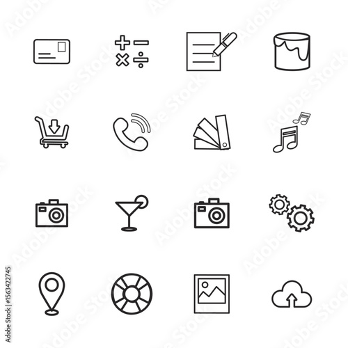 Simple Line Icons Set: A collection of sixteen versatile line icons, depicting various functions and objects, suitable for app design, website development, and user interface design.