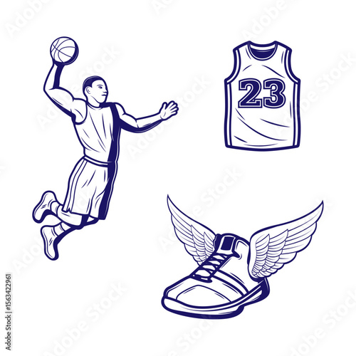 Basketball Dreams: A dynamic illustration showcasing the energy of basketball with a player in action, jersey, and winged sneaker symbolising flight and skill.