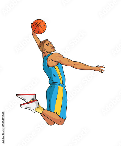 Soaring in the Arena: A basketball player launches into a dynamic slam dunk, showcasing athletic prowess and skill against a clean, bright background.