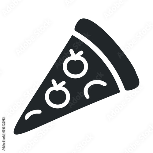 Minimalist black and white pizza slice icon with tomato toppings