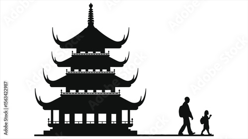 A family of tourists is walking towards a traditional pagoda isolated on white background