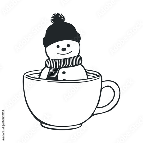 Cute snowman in coffee mug drawing with hat and scarf