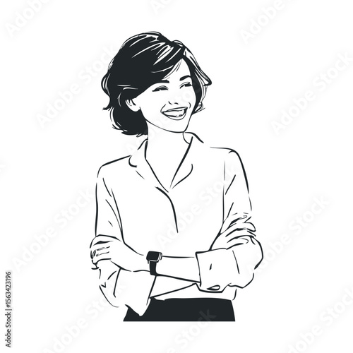 Monochrome illustration of smiling caucasian female adult with short hair and folded arms