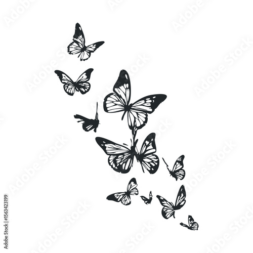 Monarch butterfly silhouettes in flight against a white background