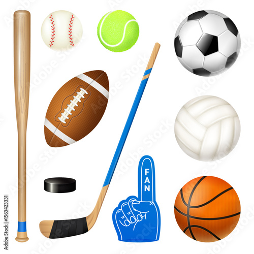 Sport Equipment Collage: A diverse array of sports equipment is artfully arranged against a clean background, showcasing tools of recreation. 