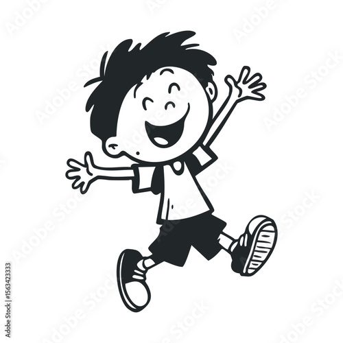 Joyful cartoon boy jumping with excitement in black and white illustration