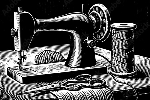 vintage sewing machine surrounded by spools of thread and needles, perfect for tailoring studio logos, fashion branding, or DIY-themed illustrations a black and white line art illustration