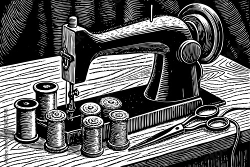 vintage sewing machine surrounded by spools of thread and needles, perfect for tailoring studio logos, fashion branding, or DIY-themed illustrations a black and white line art illustration