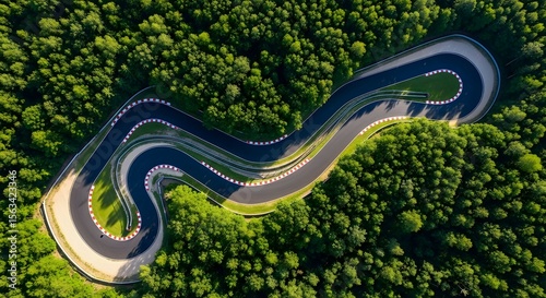 Aerial view of a winding race track nestled within a lush green forest.