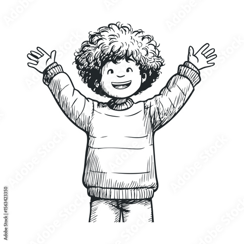 Joyful illustrated child with curly hair and raised arms in a sweater