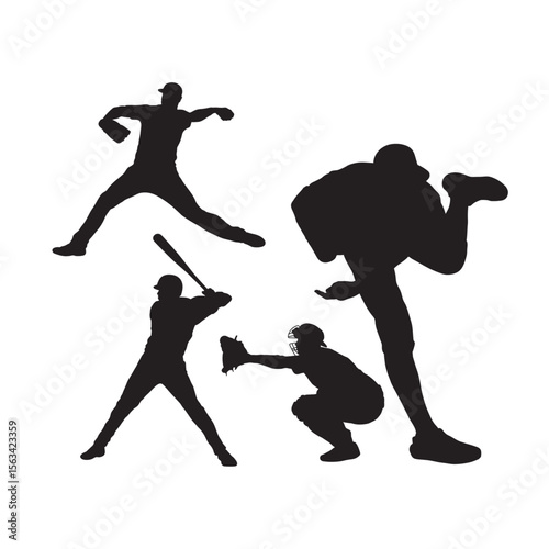 Baseball Silhouette Actions: Dynamic silhouettes capture the essence of baseball, featuring a pitcher delivering a fastball, a batter in mid-swing, and a catcher poised to receive the ball.
