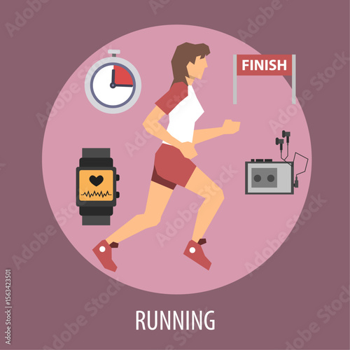 Running with Technology: An illustration of a woman runner, a smartwatch tracking vitals, a stopwatch, a finish line flag, and headphones, representing a fusion of health, fitness, and technology.