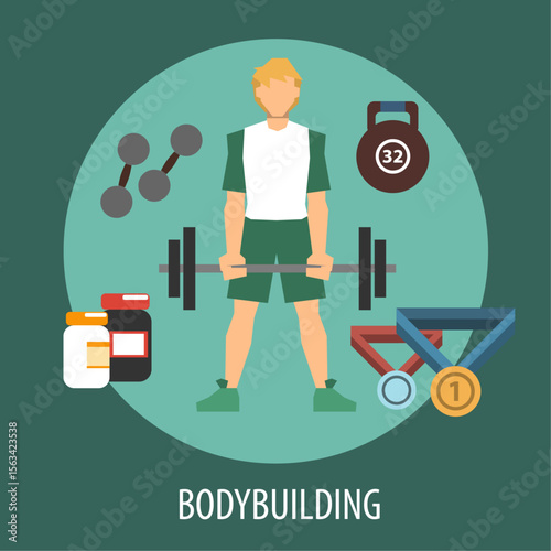 Bodybuilding Goals: An illustration showcasing a man in a fitness regimen with weights, dumbells, supplement, and medals in a studio with the bodybuilding goal word below. 