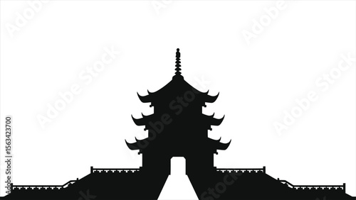 A silhouette of a traditional Chinese pagoda with a couple walking towards it, creating a sense of history and cultural exploration
